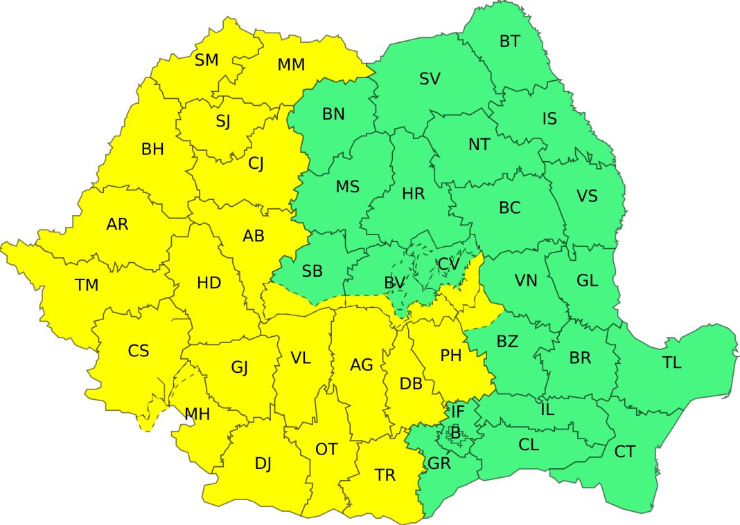 cod galben ANM mai 2025, instabilitate atmosferică România, vijelii și grindină Banat, ploi torențiale Muntenia, răcire accentuată vreme România